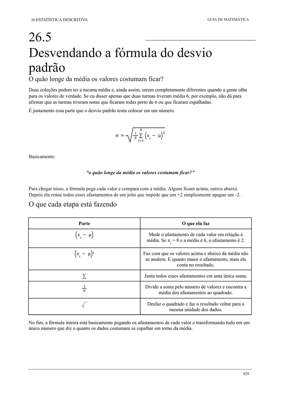 Página desmontando a fórmula do desvio padrão, parte por parte