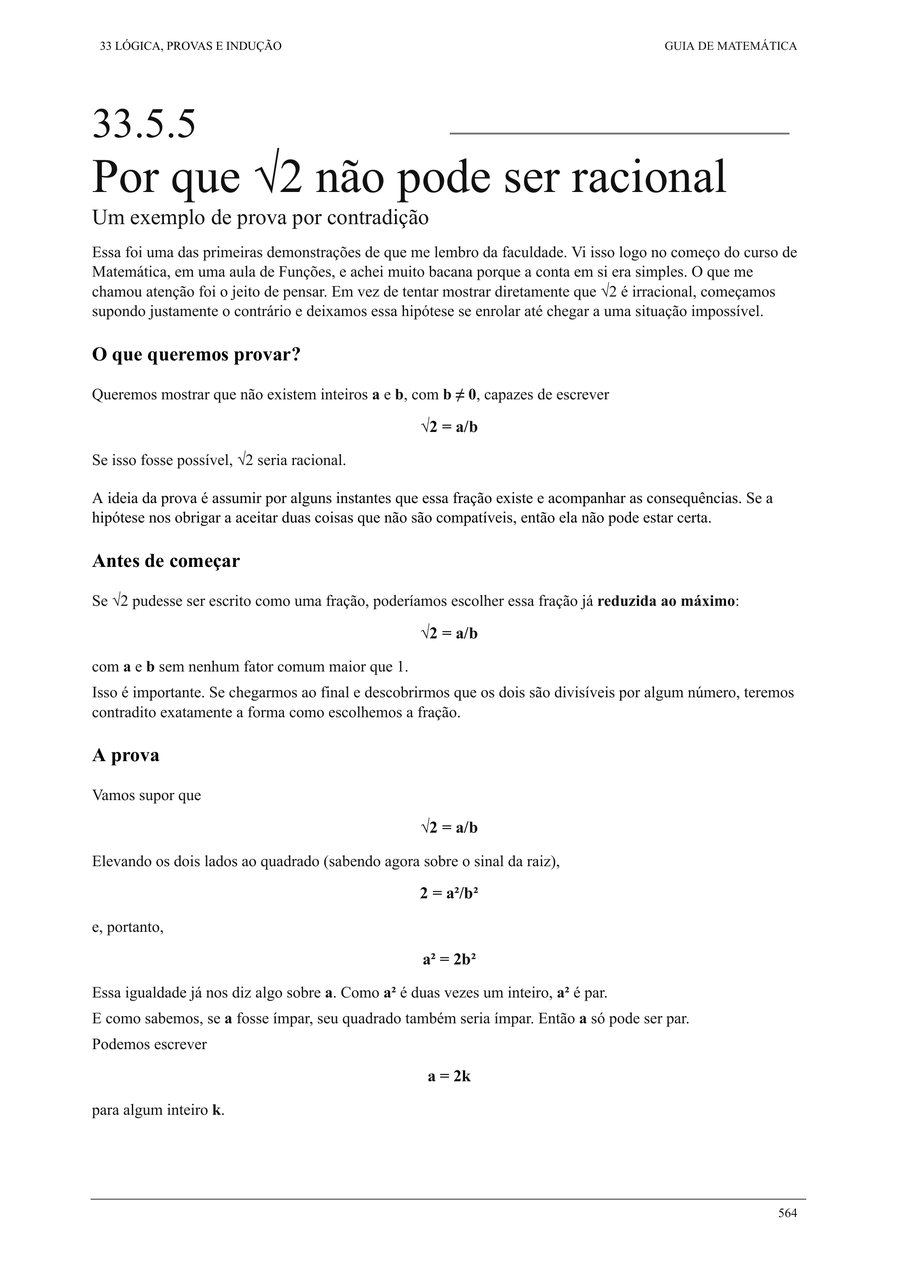 Página com a prova por contradição de que a raiz de 2 é irracional