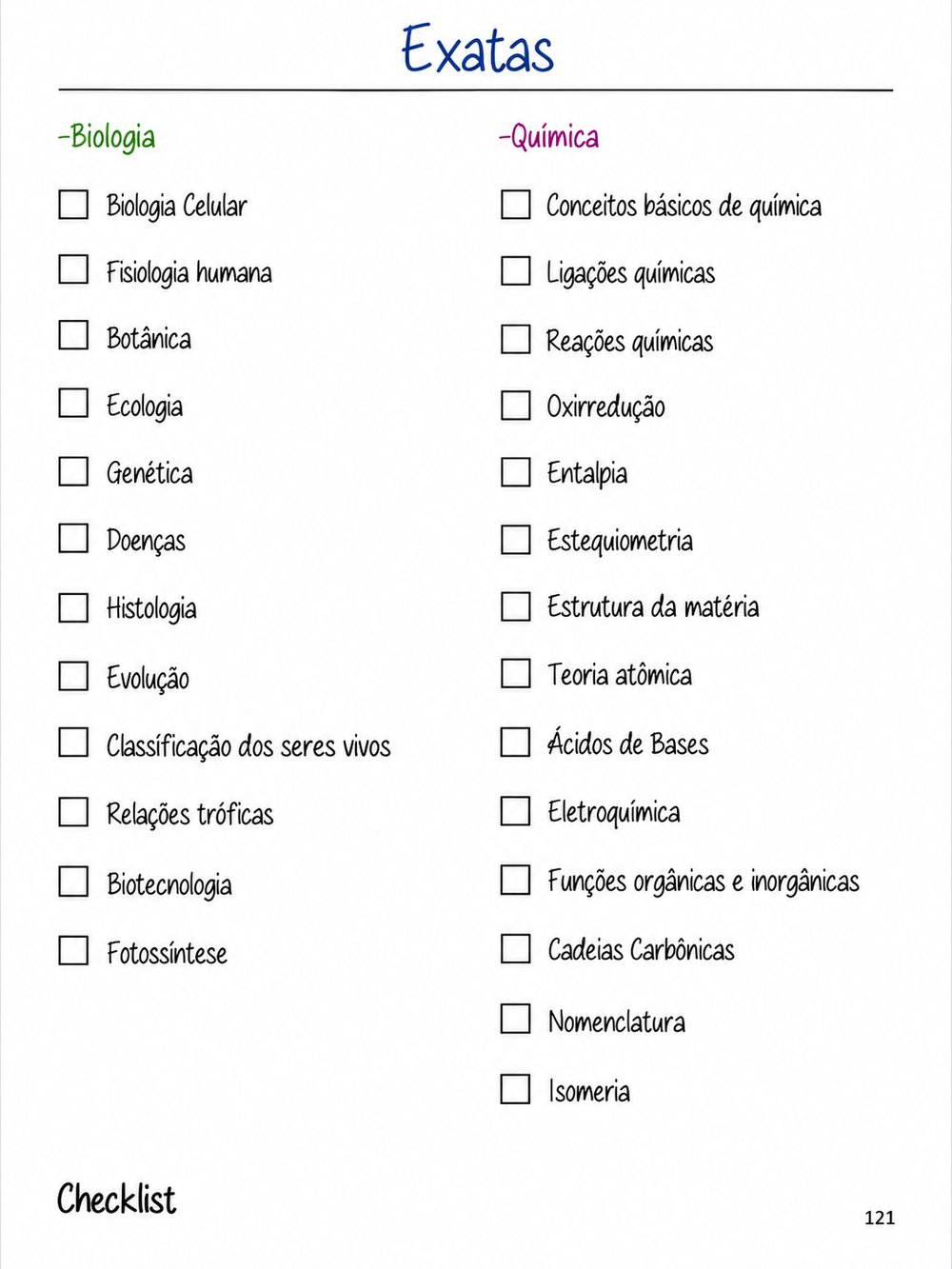 Checklist de conteúdos de biologia e química, com caixas pra marcar