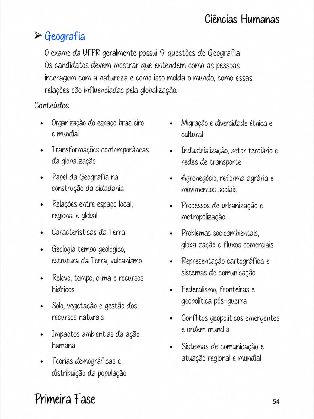Página de geografia, com a lista de conteúdos cobrados na prova