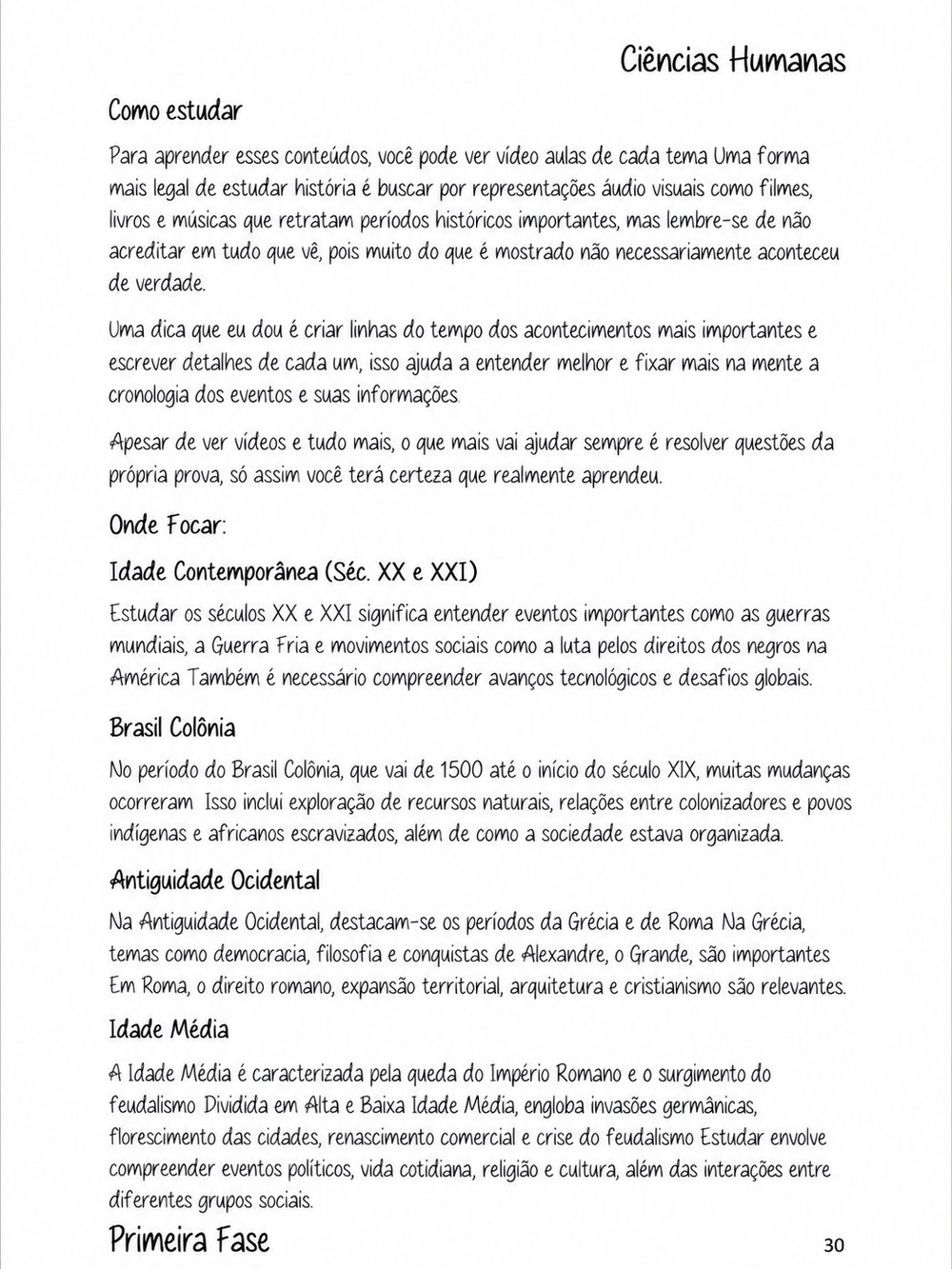 Página sobre como estudar história, com os períodos em que focar