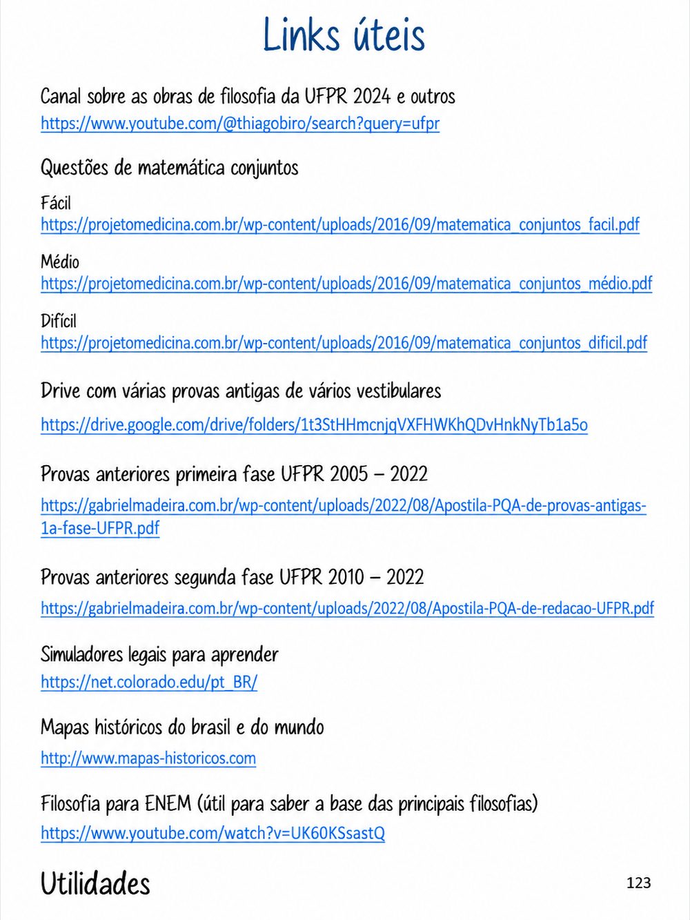 Página de links úteis, com provas anteriores, simulados e materiais