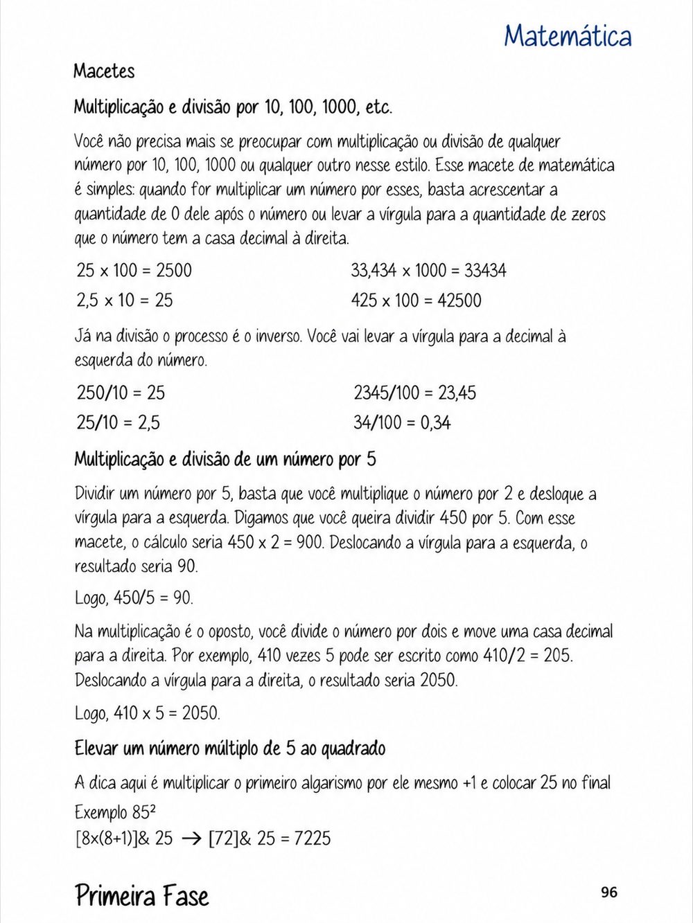 Página de macetes de conta, como multiplicar e dividir por 10, 100 e 1000
