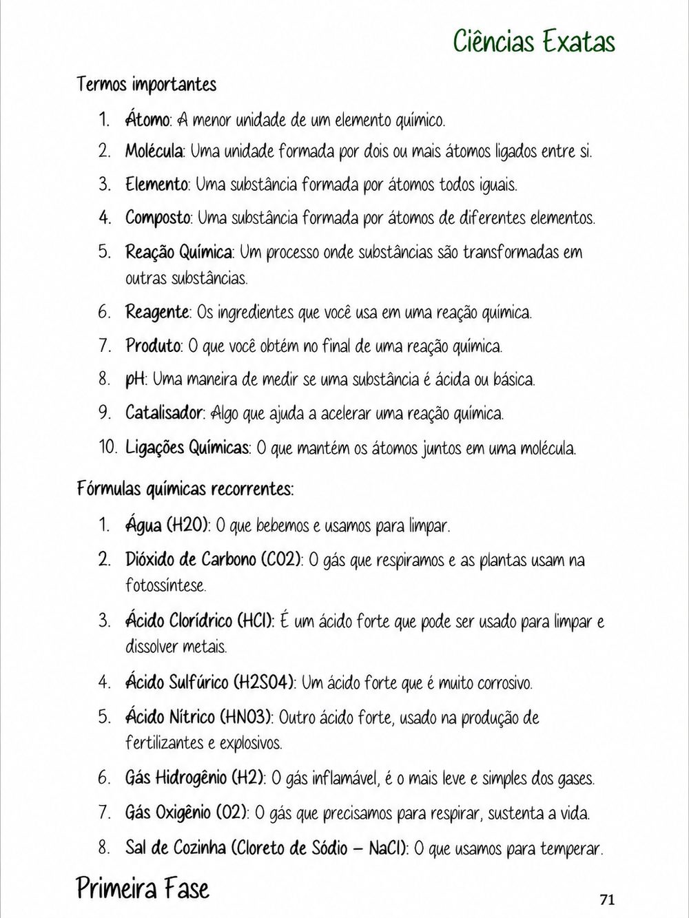 Página com termos importantes e fórmulas químicas recorrentes