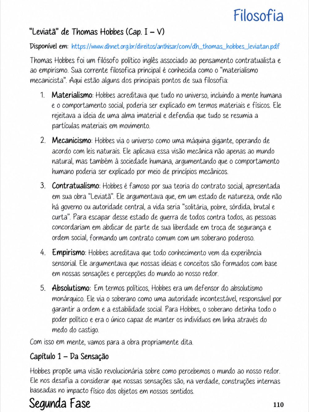 Página sobre o Leviatã de Thomas Hobbes, capítulos I a V