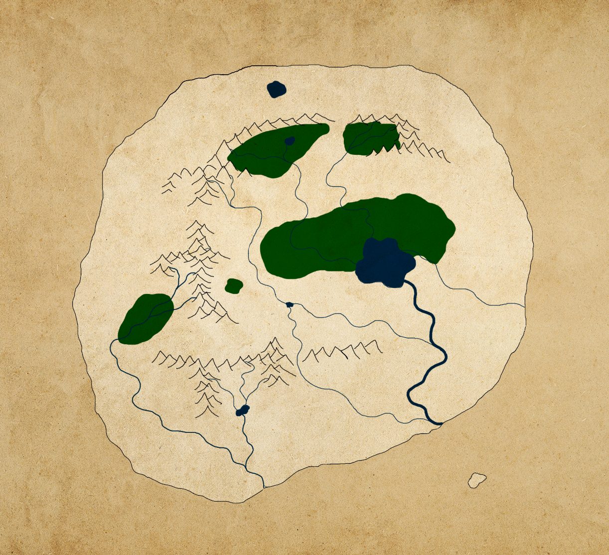 Primeira versão do mapa, um continente único e fechado, em tinta sobre pergaminho