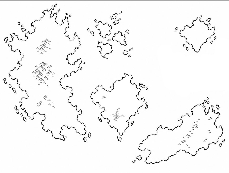 Quinta versão do mapa, com as montanhas rascunhadas dentro das ilhas