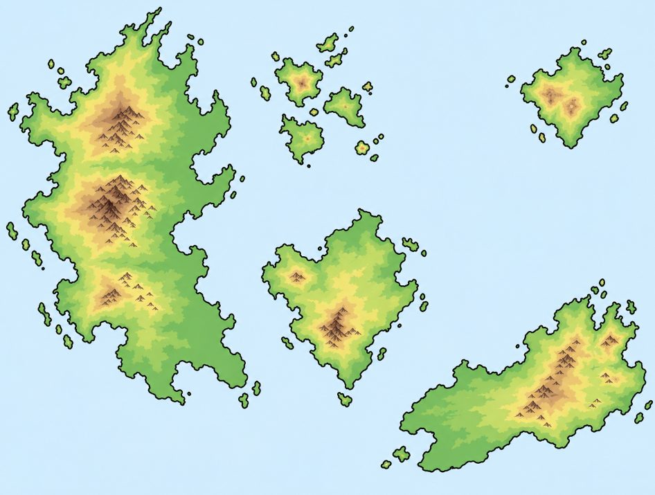 Estudo de topologia do mapa, sétima versão, com elevação marcada por cor