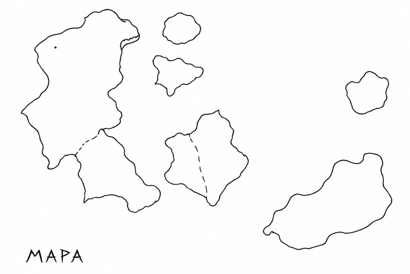 Primeira versão do contorno do mapa, só as ilhas em traço, com a palavra MAPA escrita à mão no canto