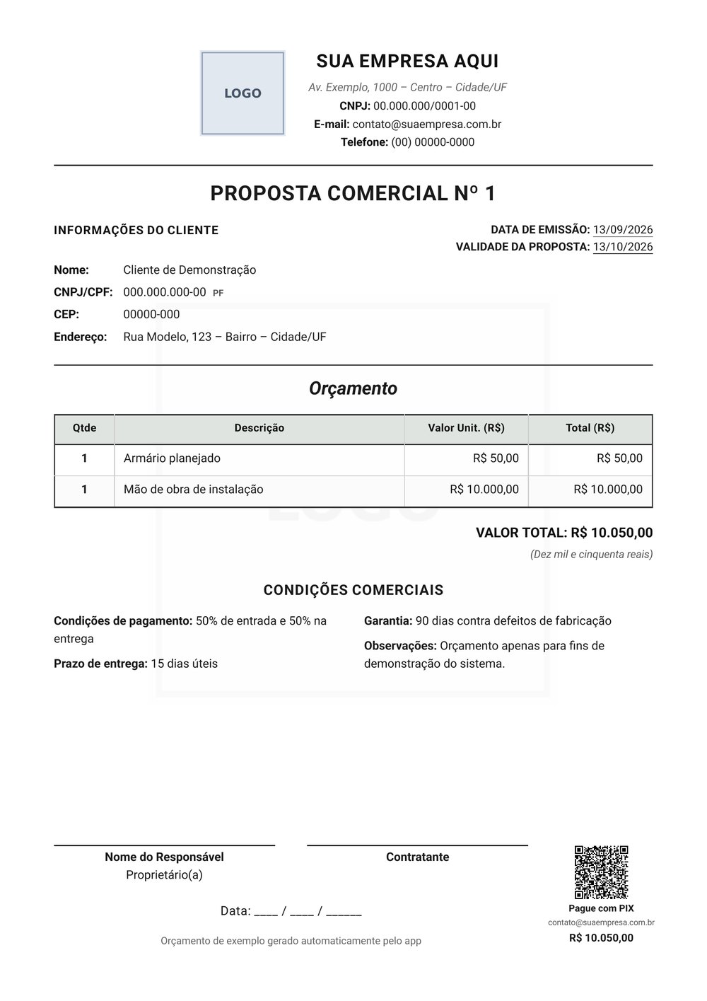 Primeira página de um orçamento em PDF gerado pelo aplicativo, com dados fictícios de demonstração