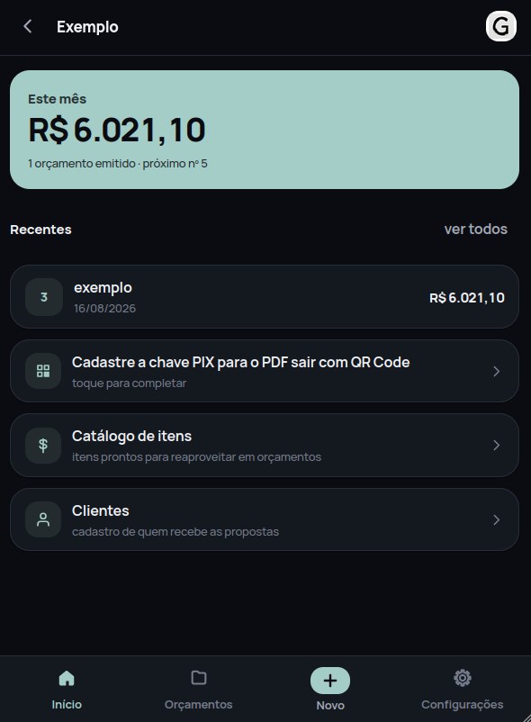 Tela inicial atual do aplicativo, com o total do mês em destaque e os orçamentos recentes