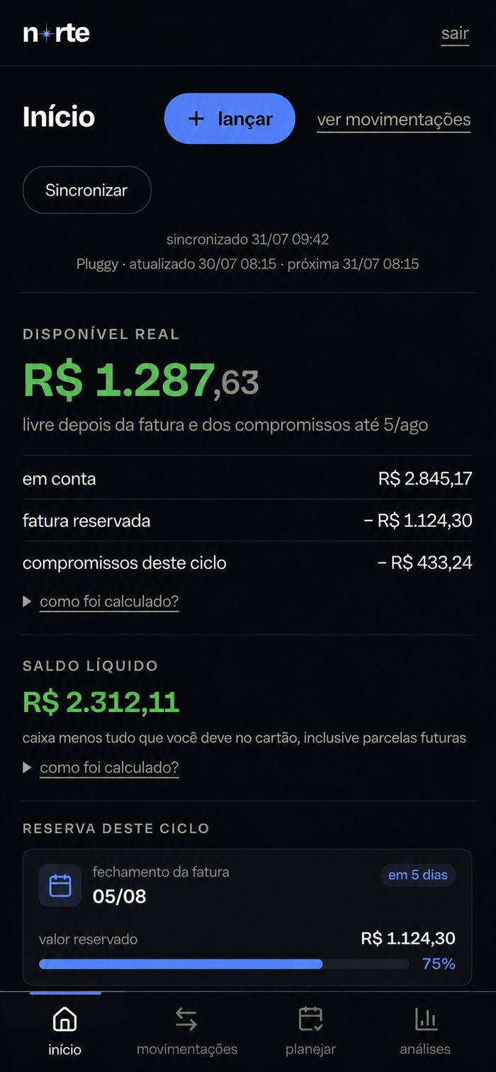 Tela principal do Norte, com o valor disponível em destaque, o saldo líquido e a reserva do ciclo logo abaixo