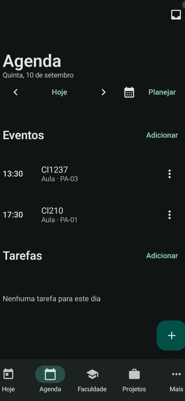 Tela “Agenda” do Organizador pessoal, navegando por dia, com as aulas de quinta-feira listadas em Eventos