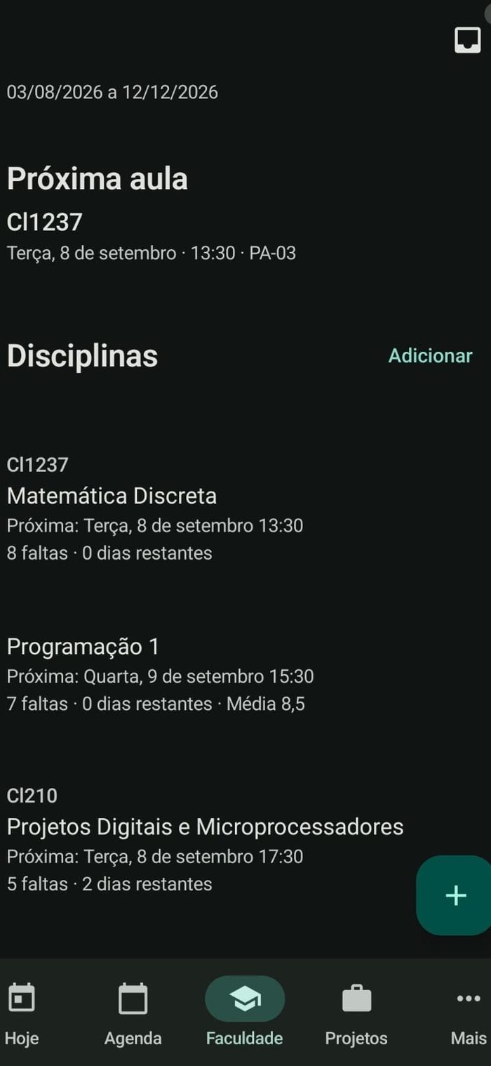 Tela “Faculdade” do Organizador pessoal, com a próxima aula e as disciplinas do semestre, cada uma com faltas e frequência