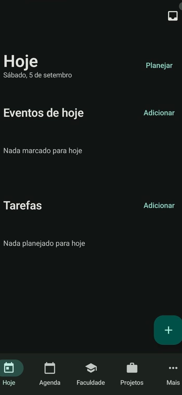 Tela “Hoje” do Organizador pessoal, com os eventos e as tarefas do dia atual e um atalho para planejar