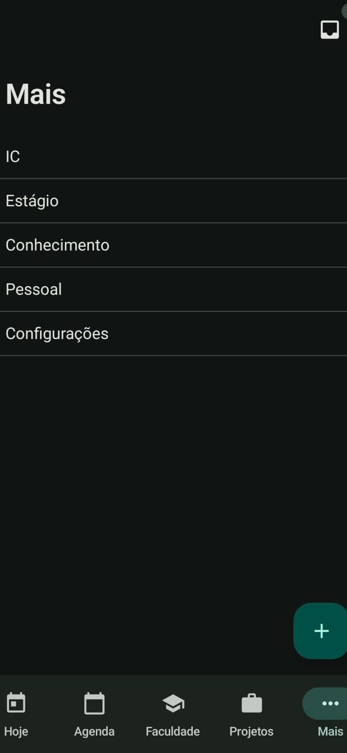 Tela “Mais” do Organizador pessoal, com as áreas de IC, estágio, conhecimento, pessoal e configurações